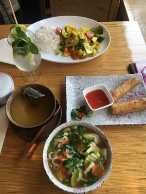 Appetizer Pho, spring rolls and vegetables w/ tofu and rice at Well Being in Cologne