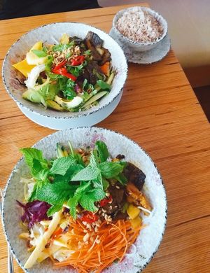 Well Being Avocado-Salat-Bowl & rice noodle bowl with vegan meat at Well Being in Cologne