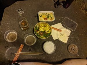 Cold rice noodles and salad (73) and a curry (36)  to go at Well Being in Cologne