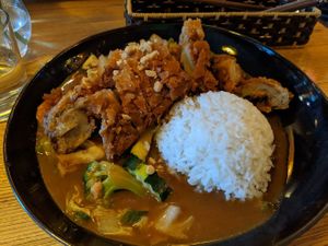 Vegan Duck with vegetables and rice (peanut soy sauce) at Well Being in Cologne