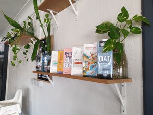 All the m*lk options (and some of the many pretty plants around the cafe).  at Luna Bean Cafe & Bakery in Nundah