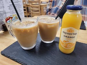 Iced Lattes and Orange Juice at Breaktimes Cafe in Porthmadog