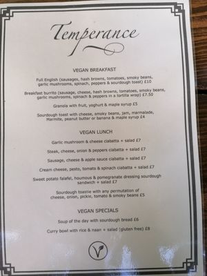 Vegan menu at Temperance in Leamington Spa