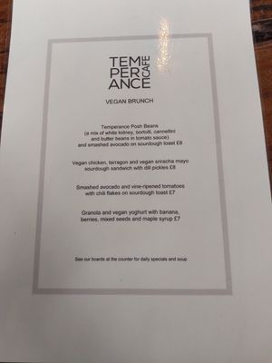 Vegan brunch menu at Temperance in Leamington Spa