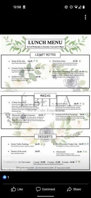 Menu at E Bella in Clitheroe