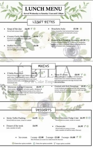 Menu at E Bella in Clitheroe