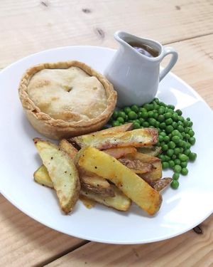 Vegan pie handcut chips and peas at E Bella in Clitheroe