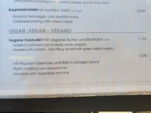 Vegan section of the menu at Camping Wirt in Annenheim