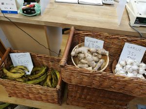 Garlic, ginger and plantains at Pete's Shop in Pontypridd