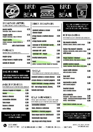 Food menu  at Bird & Bean in Frinton-on-sea