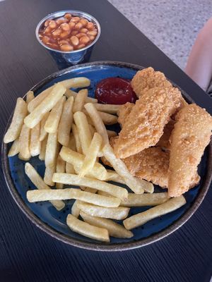 Kids chicken style strips with chips and beans   at Bird & Bean in Frinton-on-sea