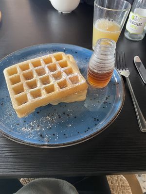 Sugar Belgian waffles with syrup  at Bird & Bean in Frinton-on-sea