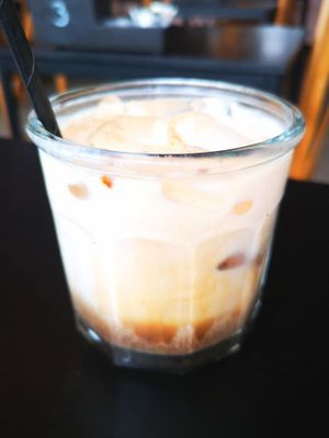 Iced Dirty Chai made with oat milk at Bird & Bean in Frinton-on-sea