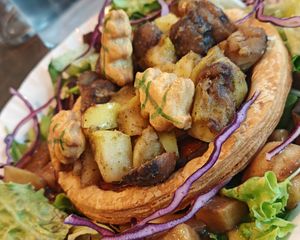 Fine tart, onion confit, mustard, golden apple and chestnut with rosemary, potato salad with maple syrup and smoked oil. at Café Contresort in Paris