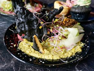 Wicked brunch: Charcoal waffles w/beetroot and green peas hummus at Café Contresort in Paris