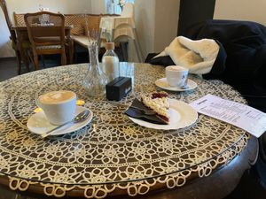 Cherry crumble cake and cappuccino   at Omi Backt in Bochum