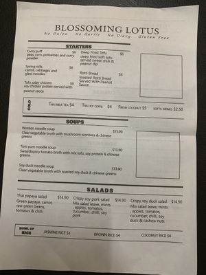 Take away menu at Blossoming Lotus in Surfers Paradise