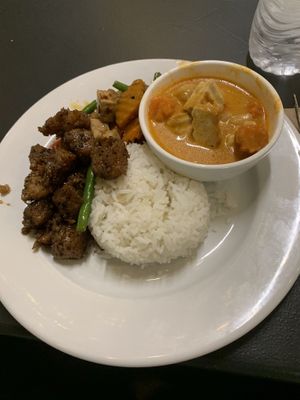 Delicious dinner special. I chose soya chunks, massaman and lemongrass tofu. $12. Yum   at Blossoming Lotus in Surfers Paradise