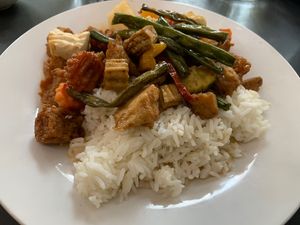 Lemongrass tofu, crispy soy protein and massamun curry with rice    at Blossoming Lotus in Surfers Paradise