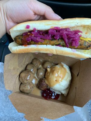 Veggie dog and Swedish meatballs & mash potatoes  at IKEA in Las Vegas