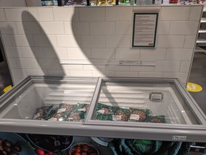 Plant balls prominently displayed in their own freezer at IKEA in Las Vegas
