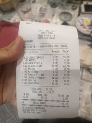 The (mostly vegan) bill. We were 5 people and left pretty full! at El Sarao de Lara in Las Rozas De Madrid