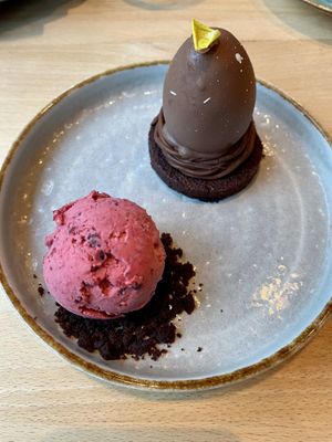 Chocolate egg with earl grey ganache, berry cream and forest fruit sorbet   at Het Hooihuis in Roosendaal