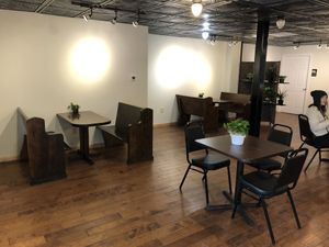 More of the seated area, all wood, all spaced at Planted Plate in Princeton