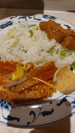 Vegan saté, babi pangang, nasi zonder ei, cassave kroepoek at Mandarin in Amersfoort