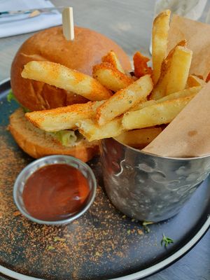 Vegan burger and spiced fries at Turtle Bay in Bournemouth