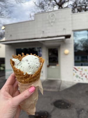 Mint chocolate chip and homemade waffle cone  at Gati  in Austin