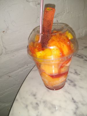Mango gelato dessert with Tajin like seasoning at Chi Chi Vegan Taco Shop in Atlanta