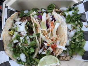 Carne Asada, Baja Fish and Pineapple Pollo 🍍  at Chi Chi Vegan Taco Shop in Atlanta