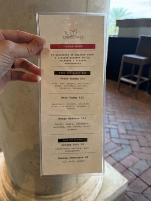 Vegan menu in March 2025 (make sure to ask for one!)  at Dragonfly Robata in Orlando