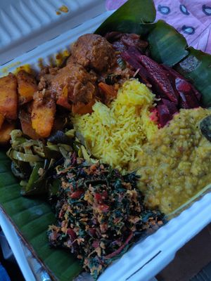 Weekend rice and curry plate with optional meatballs to-go at Mirisata in Portland