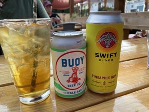 Drinks! Pale ale, pineapple hard cider, mango iced tea at Mirisata in Portland