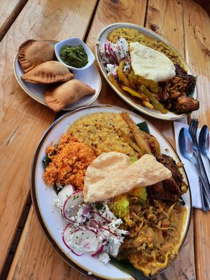 7-17-22 weekend curry plates. This one had sweet potatoes,  oyster mushrooms, banana peppers, dal etc. at Mirisata in Portland