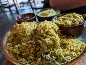 Fried rice combo plate with seeni sambal at Mirisata in Portland