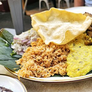 Today's Plate: Shallot Dynamite, Coconut Sambal & Daal, topped with Pampadam at Mirisata in Portland