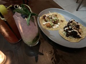 Drinks and Tacos! (Soyrizo/potato & adobo cauliflower) at PLANTA Cocina in Toronto