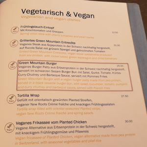 Current menu, 5 vegan options at Aarmühle in Interlaken