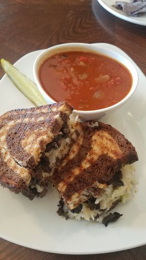 Avocado portobello Reuben with vegan cheese and vegan roasted red pepper chili at Jules' Bistro in St Cloud