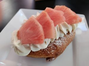 Pink pineapple topped donut at Guevara's in Brooklyn