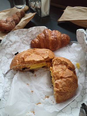 Vegan Bacon Egg & Cheese, and Croissant! at Guevara's in Brooklyn