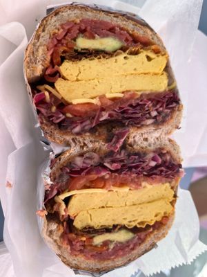 Tostada breakfast sandwich  at Guevara's in Brooklyn