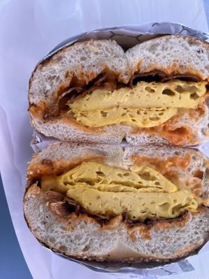 Trumpet mushroom bacon, mung bean egg sandwich  at Guevara's in Brooklyn