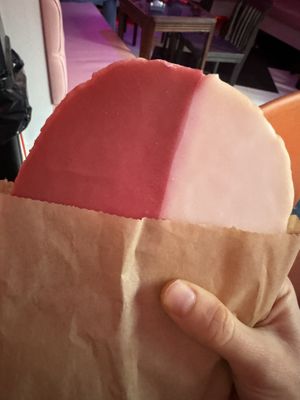 Pink and white cookie  at Guevara's in Brooklyn
