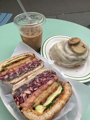 Torta milanesa, cookie dough roll, and iced coffee   at Guevara's in Brooklyn