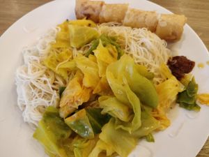 White bee hoon with curry vegetables and tasty crispy spring roll at Li Yuan 利源素食 in Central Singapore