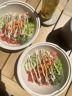 Vegan Sushi Bowl w/ Watermelon “Tuna”, Edamame, Cucumbers, Carrots, Ginger and a Miso-Tahini Sauce.   at Ordinarie Fare in Dayton